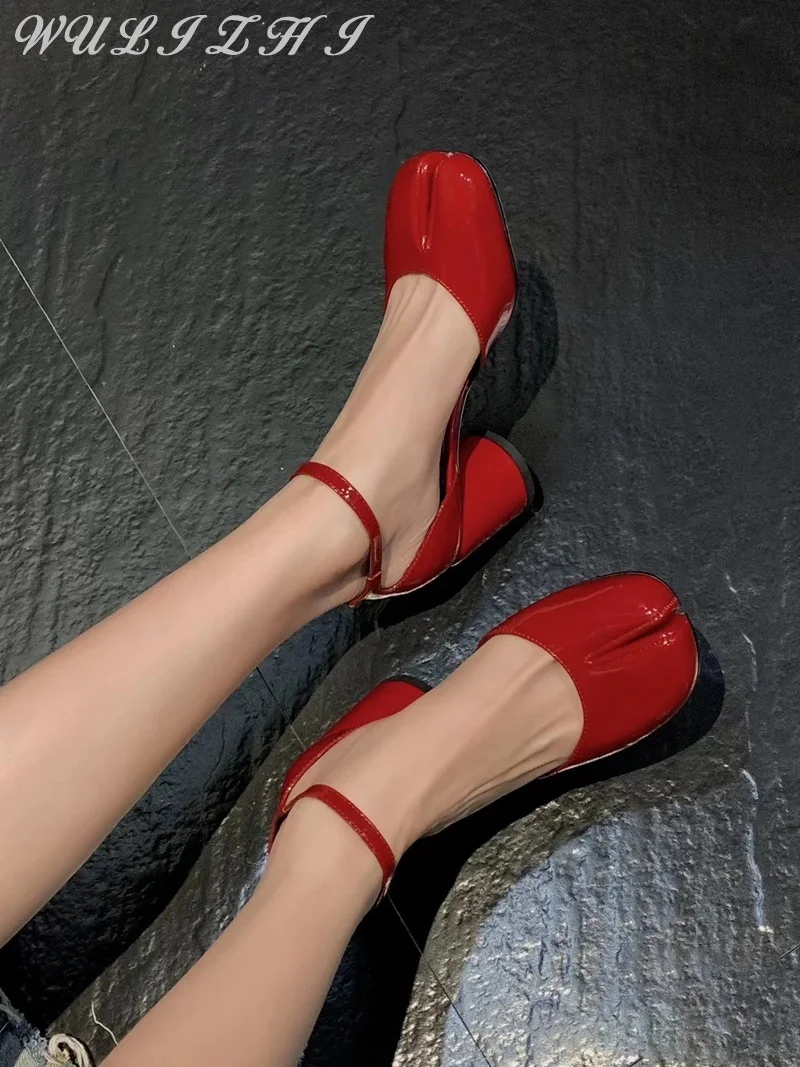 Винтажные красные туфли с круглым каблуком и разрезом Туфли Мэри Джейн женские