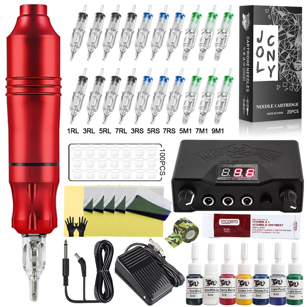 

Complete Tattoo Machine Kit Tattoo Power Supply Rotary Pen with Pigment Cartridges Needles for Permanent Makeup Machine Beginner