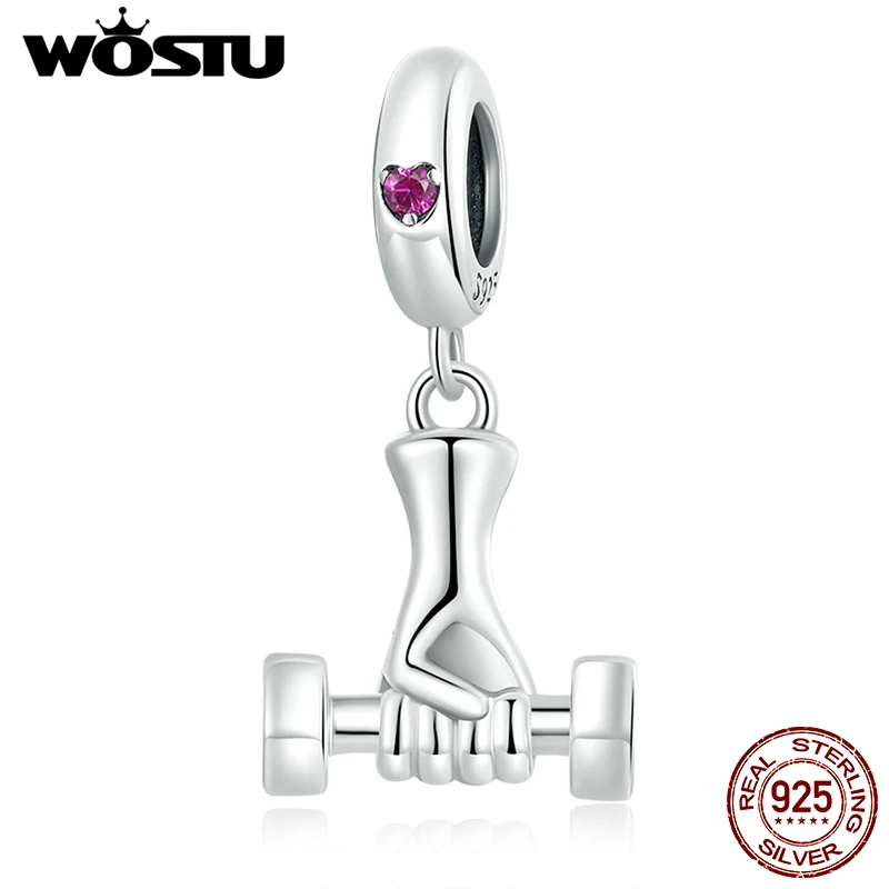 

WOSTU 925 Sterling Silver Fitness dumbbell pendant Charms Sporty Pendant for Women Fit Original DIY Bracelet Necklace Jewelry
