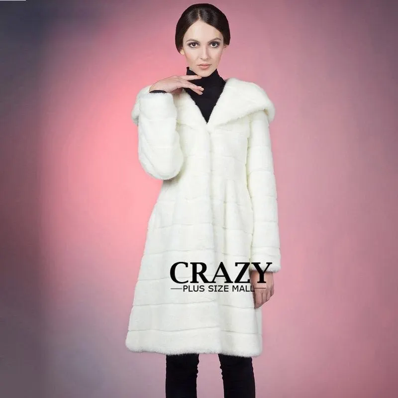 Faux Mink Fur Coat Winter Warm Artificial Decent Hooded White Luxury Fake Coats Plus Size Women Cloth Parka