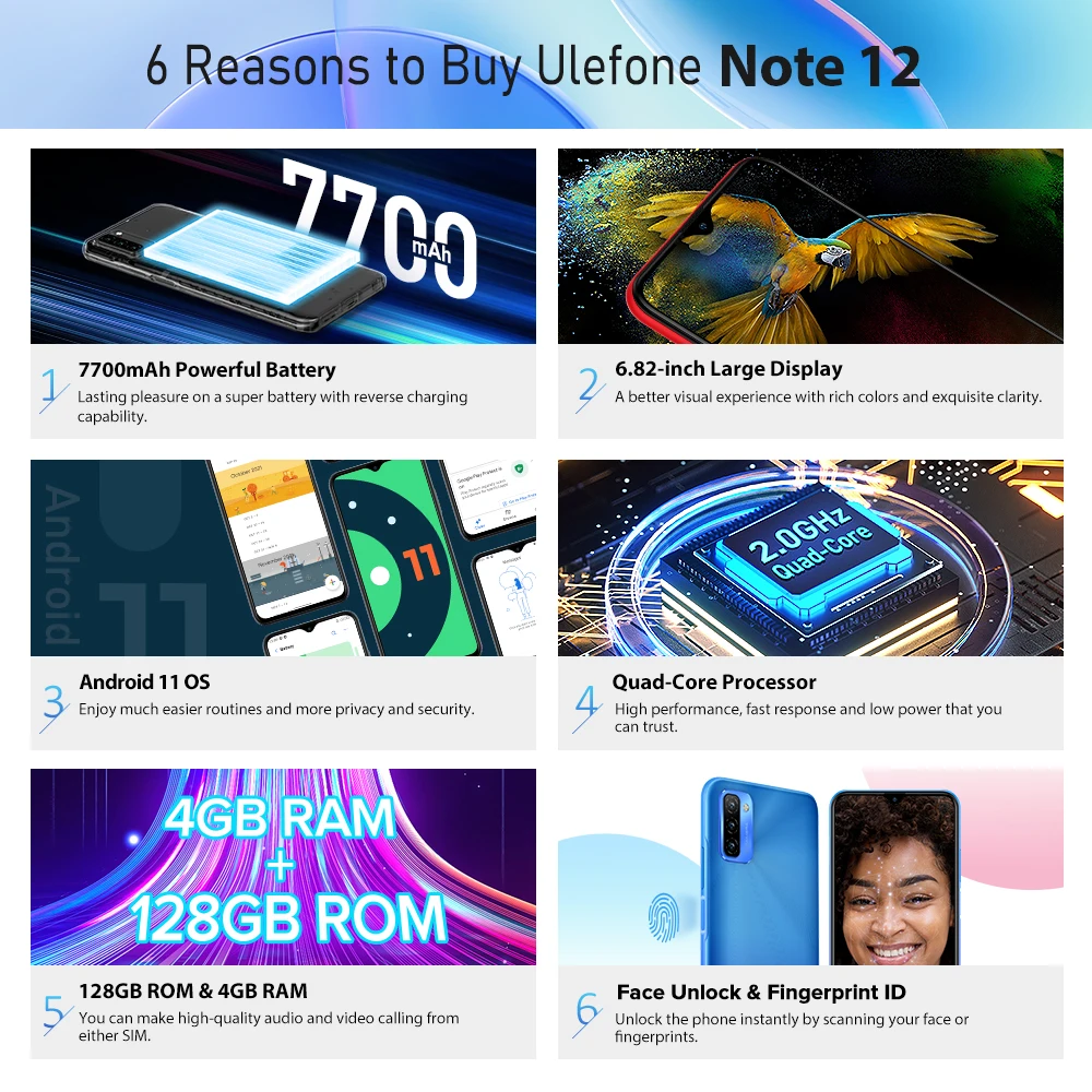 Ulefone 7700mAh Note 12 Smartphone 4GB+128GB 6.82" Celular Phone 13MP Camera Quad Core Android 11 GPS 3-Card Slot |