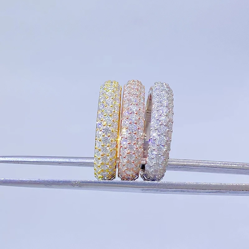 Hiphop 3 Row Real D Color VVS Moissanite Ring for Women Men 925 Sterling Silver Moissanite Eternity Rings Handmade Custom