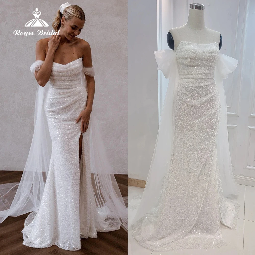 

Luxury Beading Strapless Mermaid Wedding Dress Custom Made Detachable Tulle Train Ruched High Split Shining Sequined Bridal Gown