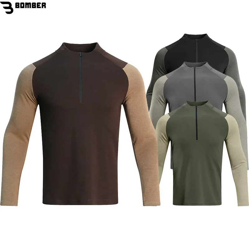 

Эластичная быстросохнущая Спортивная Мужская футболка с длинным рукавом из полиэстера для бега бодибилдинга тренировок 1/4 свитшот с воротником