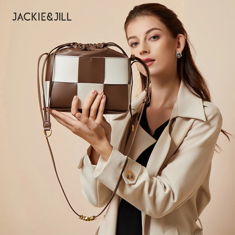 Jackie&Jill Cowhide Woven Bag Women'S Cowhide Colorblock Drawstring Mouth Shoulder Messenger Bucket Bag