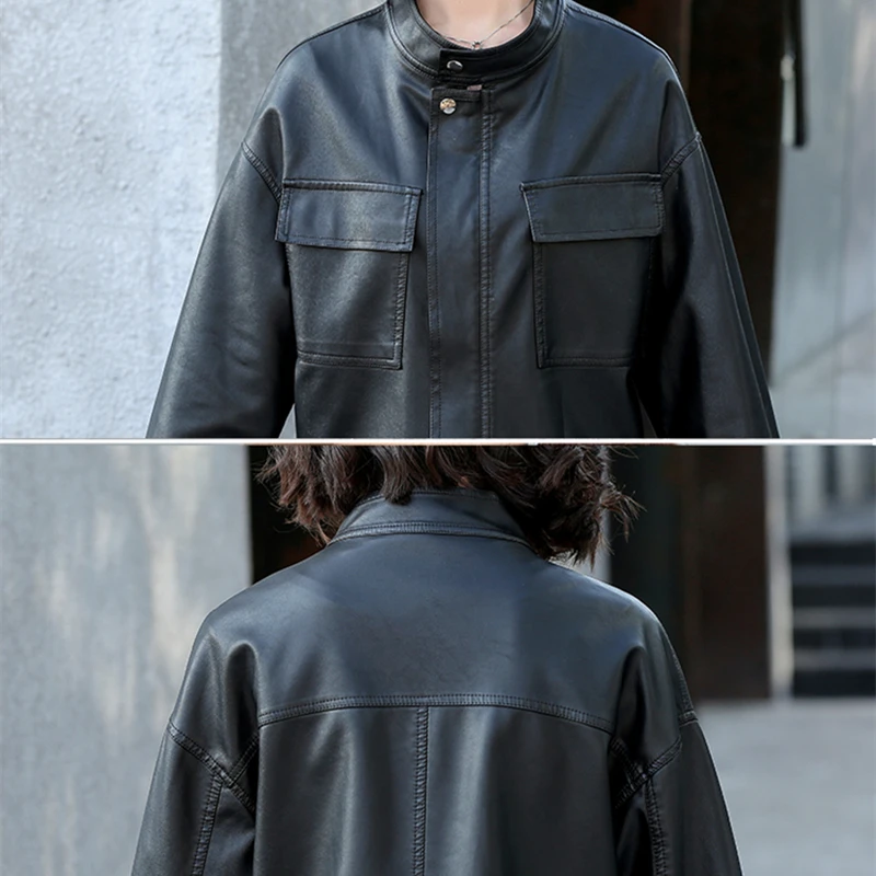 Women Classic White  Loose Casual Coat Pu Faux Leather Jacket Long Sleeve Zipper Slim Motor Biker Leather Coat with Bust Pocket