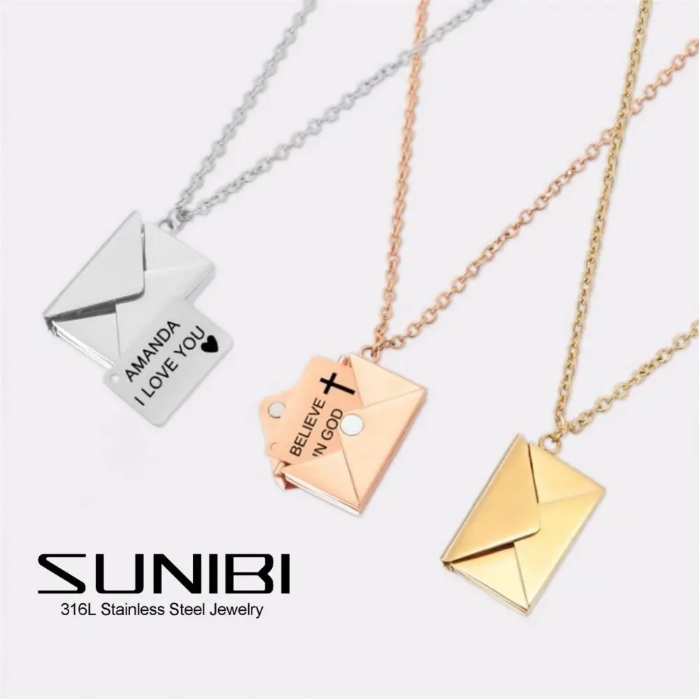 Envelope Locket Customized Stainless Steel Necklace Love You Secret Message Love Letter Pendant Necklace for Girl Gifts Jewelry