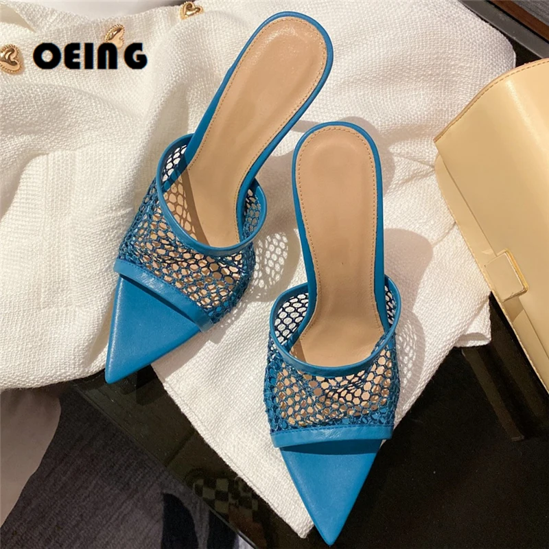 

Summer Women Mesh Mules Sexy Pointed Toe Heeled Sandals Fashion Slip On Stiletto Heels Leather Slides Mules Party Women Shoes