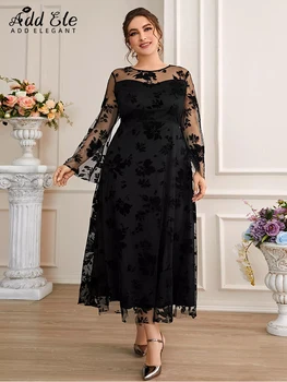 Add Elegant 2022 Autumn Plus Size Flower Mesh Cover Dresses for Women Flare Sleeve Sweet Female O Neck Waist Midi Dress B1095 1