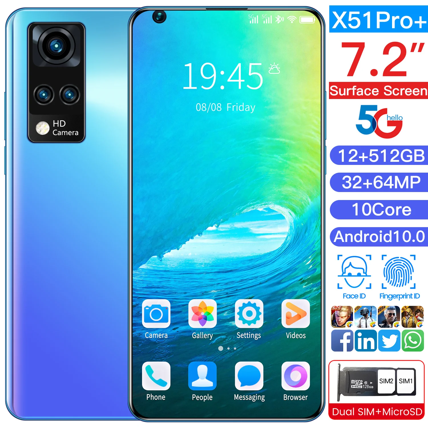 Global Version X51 Pro+ 7.2 Inch Smartphone Android 12GB RAM 512GB ROM Unlocked Mobilephone Celulares Cellphone Mobiles