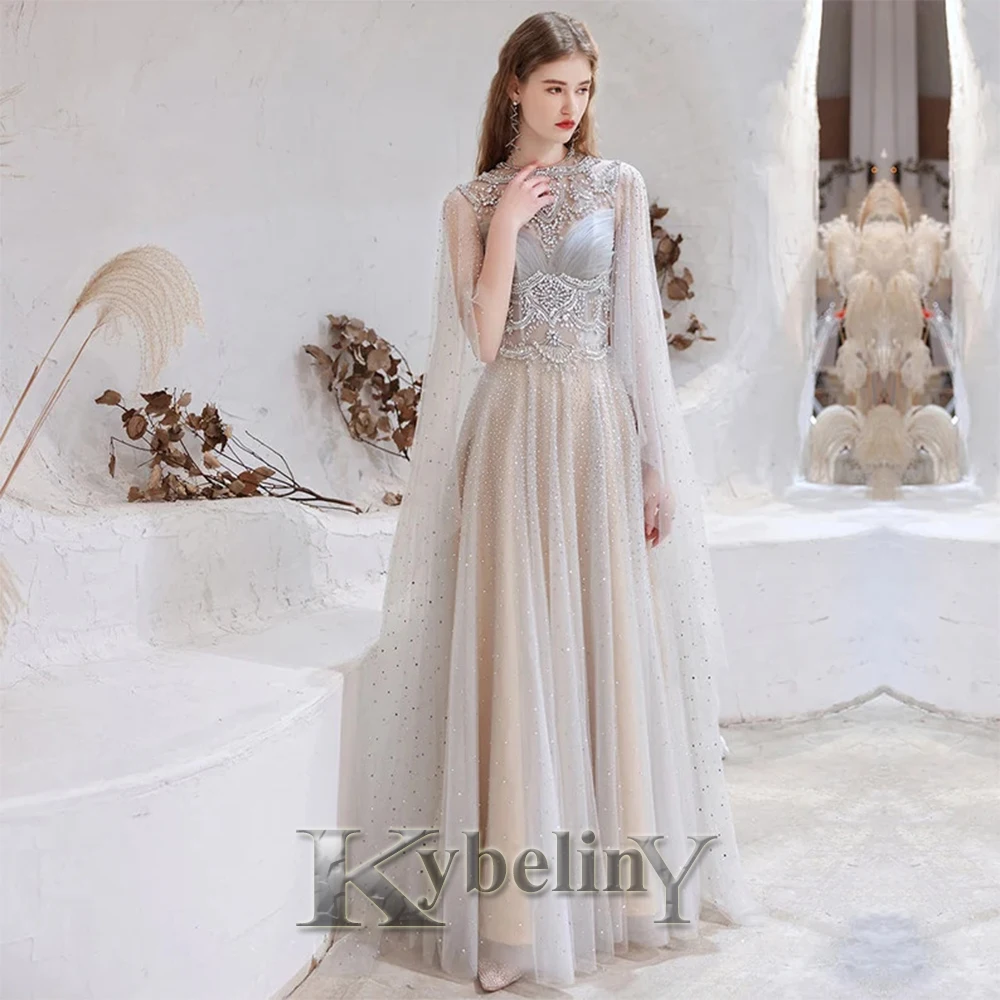 

Kybeliny Exquisite Bling Evening Dresses Long Luxury Cloak O-NECK Crystals For Women Tulle Vestidos Robes De Soirée Custom Made