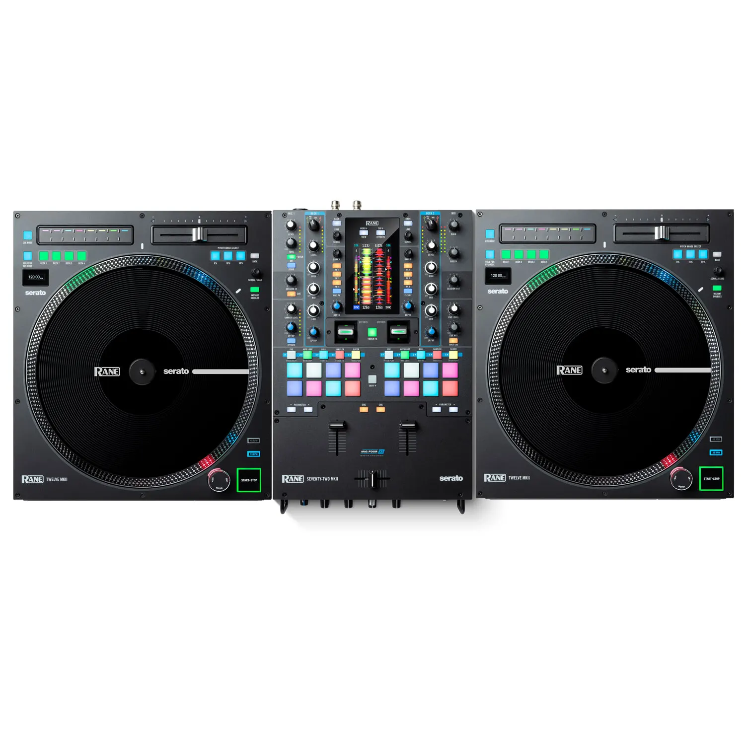 

ALL NEW RANE DJ Digital SEVENTY-TWO MKII Mixer and Pair of TWELVE MKII Motorized Vinyl Dj Serato Controllers with Case