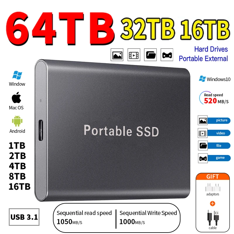 

1TB External Hard Drive Portable SSD 2TB Hard Disk Storage High-Speed External Solid State Drive USB 3.1/Type-C for PC/Mac/PS