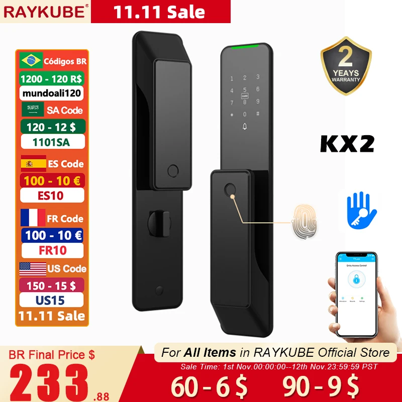 Цена 2022 Новый RAYKUBE KX2 TT замок Bluetooth полностью автоматический электронный умный дверной замок с Биометрическим отпечатком пальца приложение NFC клю... Pаспродажа 2022 Новый RAYKUBE KX2 TT замок Bluetooth полностью автоматический электронный умный дверной замок с Биометрическим отпечатком пальца приложение NFC клю...