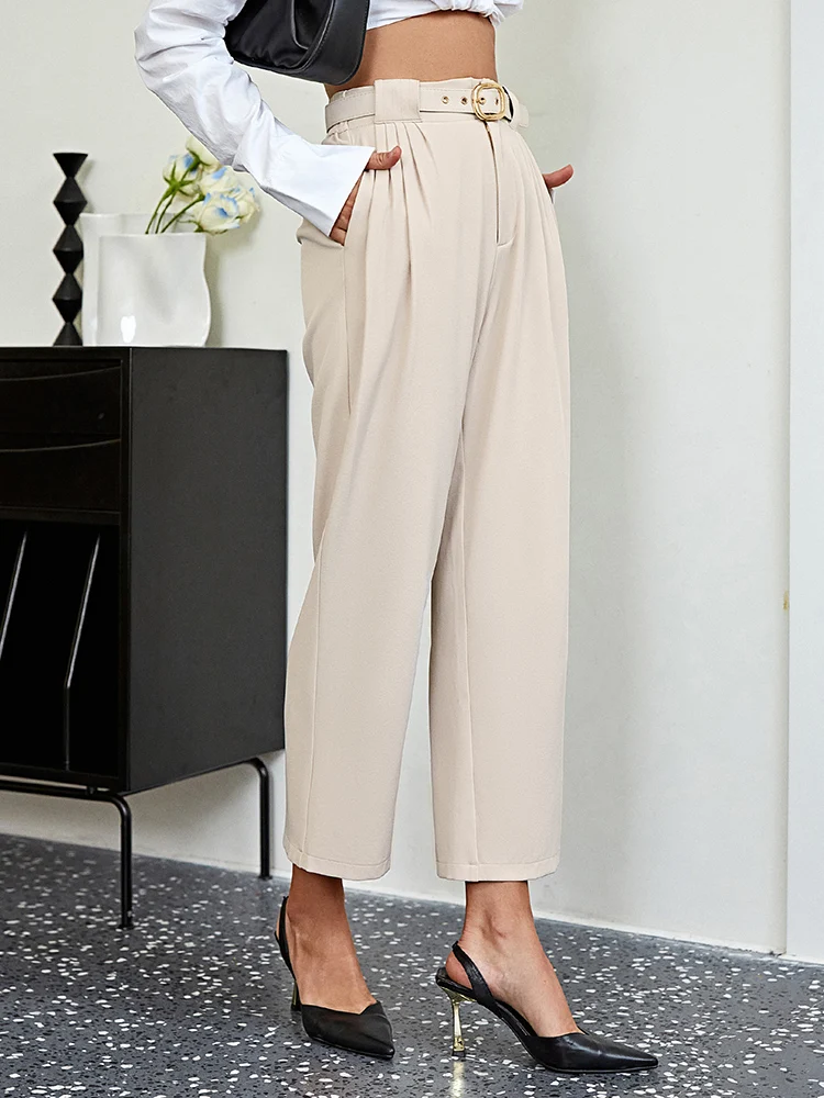 

BerryGo High waist pants women High-quality wide-leg belt khaki loose bottoms 2022 Autumn pocket work office lady harem pants