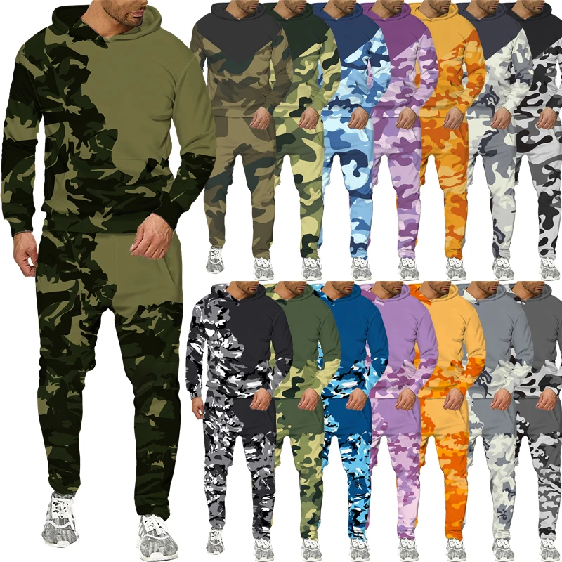 Colorful Camouflage Print Two Piece Outfits Men's Casual Outdoor Sportswear Hoodie/Pants/Suit Unisex Cool Jogging Tracksuit Sets