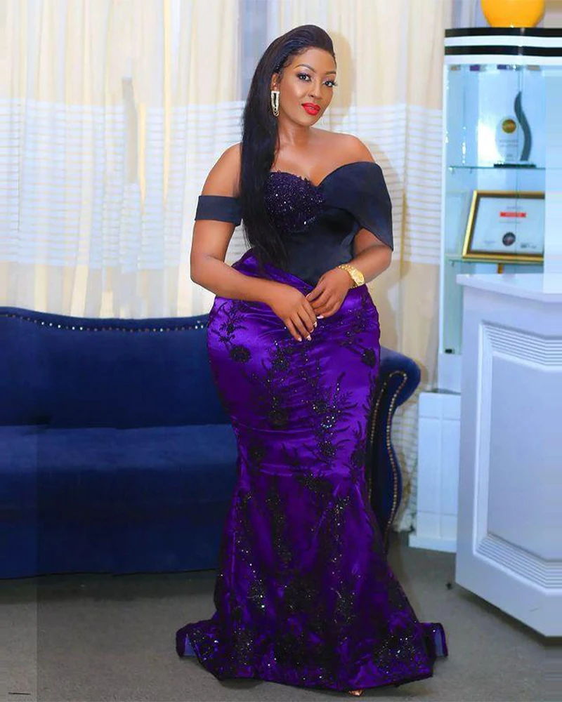 

Plus Size Purple Sequined Appliqued Asymmetrical Prom Dresses Off Shoulder Ruffles African vestidos semi Formales Evening Gowns