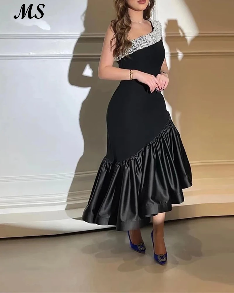 

MS Black Satin One Shoulder Mermaid Evening Dress Lace Appliques Saudi Arabia Sleeveless Formal Women Prom Party Gowns 2022