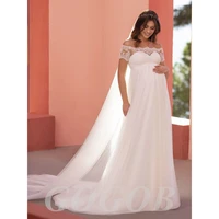 gogob elegant long wedding dress r138 for pregnant woman short sleeves boat neck empire a line bridal gown with veil maternity