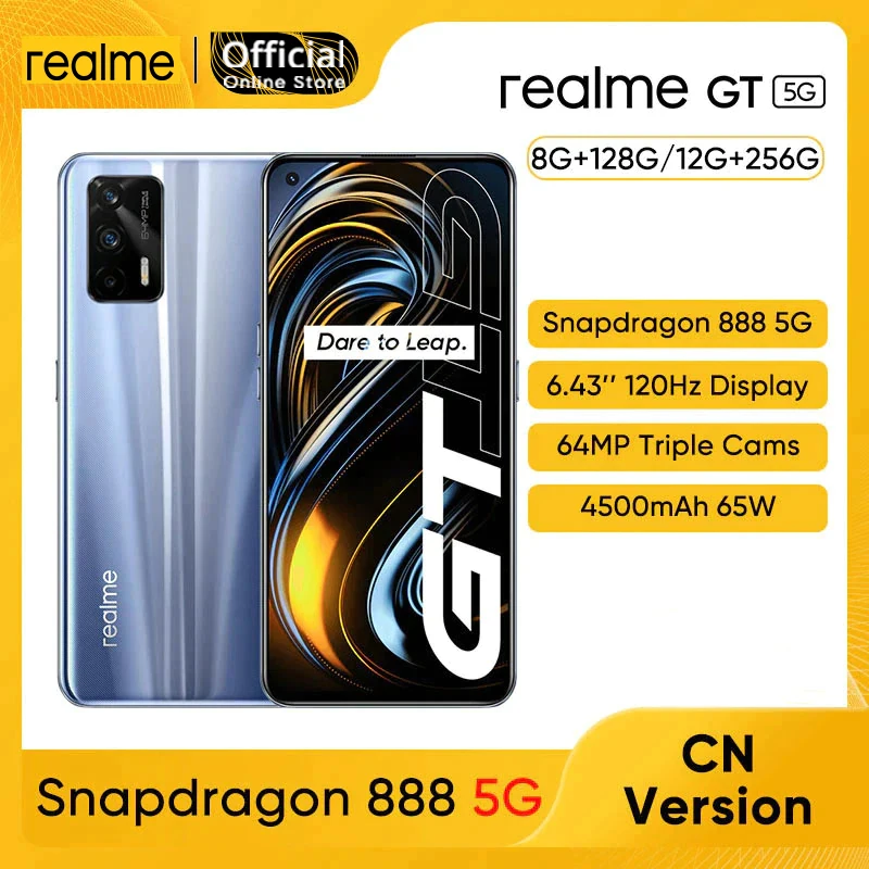 

Original realme GT 5G Smart Phone Snapdragon 888 5nm 120Hz 6.43'' SuperAMOLED Screen 3D Glass Body 4500mAh 65W Super Charge NFC