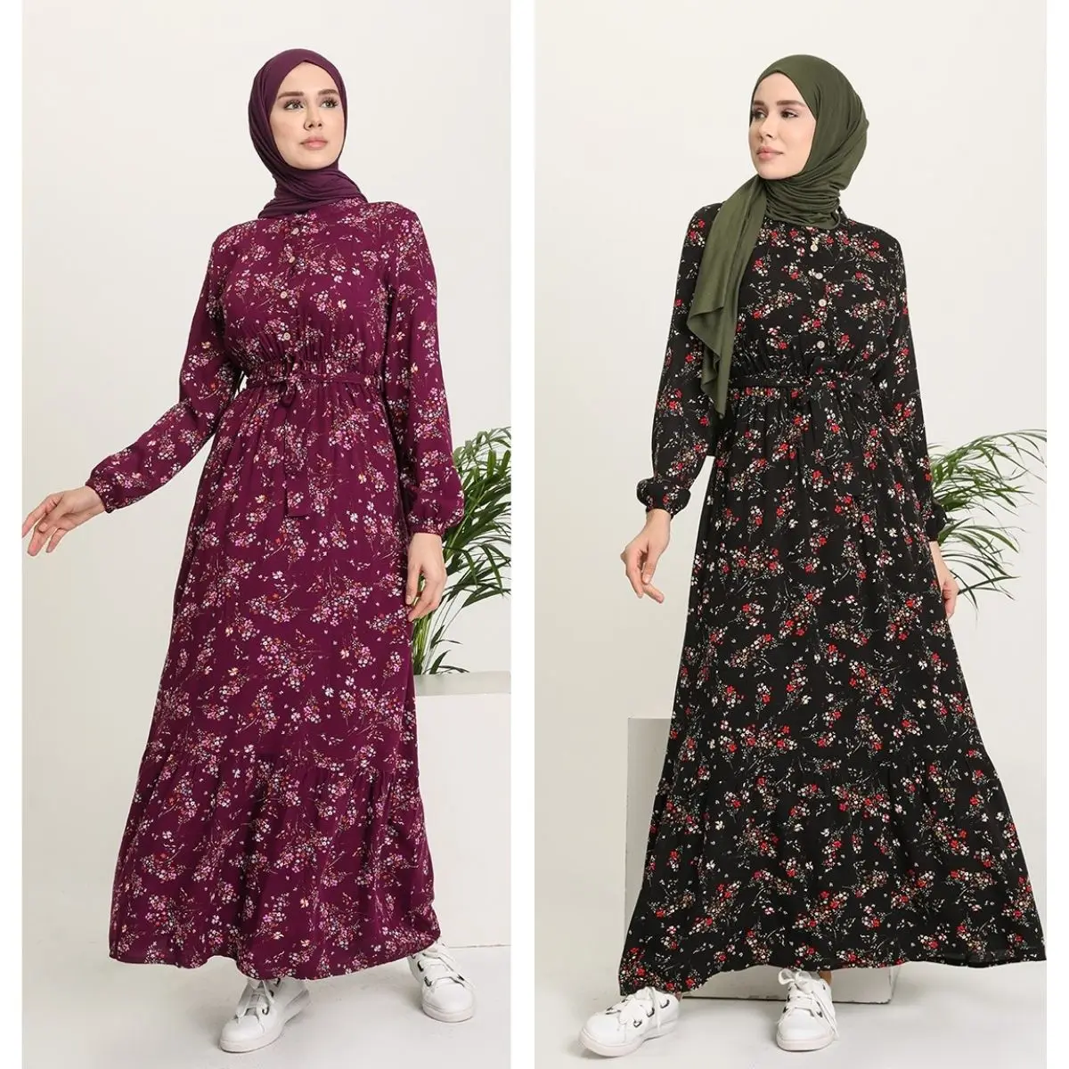 

Floral Pattern Viscose Dress Unlined Long Sleeve Seasonal Buttoned Belted Women Muslim Fashion Hijab Clothing Islamic Bonnet