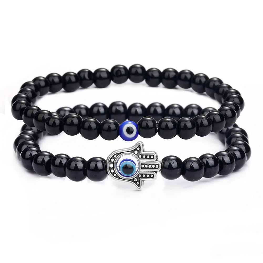 

2Pcs 6mm Natural Stone Beaded Bracelet Set For Couple Lover Turkish Blue Evil Eye Hamsa Hand Pendant Bracelets Women Men Jewelry