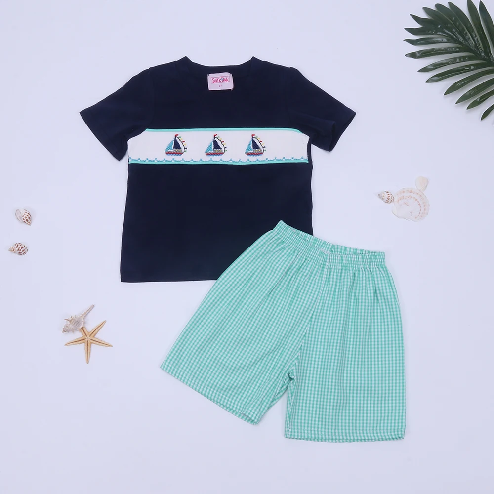 

Boutique Baby Boy Clothes Set Babi Summer Outfits Suit Short T-Shirt Hand Embroidery Body Suit High Quality Children Costum