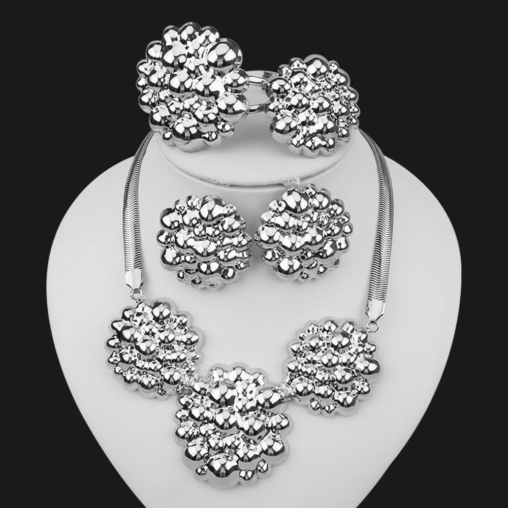 

Silver Plated Jewelry Set Luxury Weddings Round Beads Pendant Necklace and Earrings Bracelet Ring 4pcs Set for African Dubai