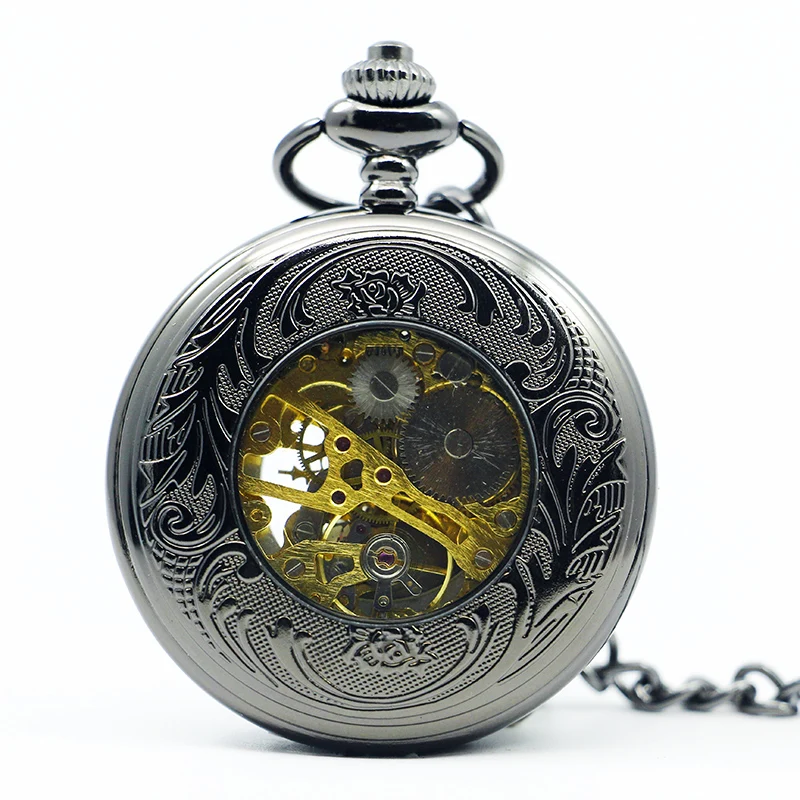 Exquise Black Dial Watch Pendant Hollow Mechanical Pocket&Fob Watches Roman Numerals Retro Watch Souvenir Gift for Men Women
