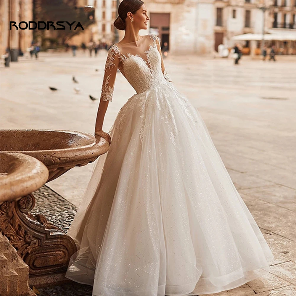 

RODDRSYA Boho Wedding Dress For Women 2023 Princess Bride Gown Half Sleeves Appliques Lace A-Line Pleats Tulle Vestido De Novia