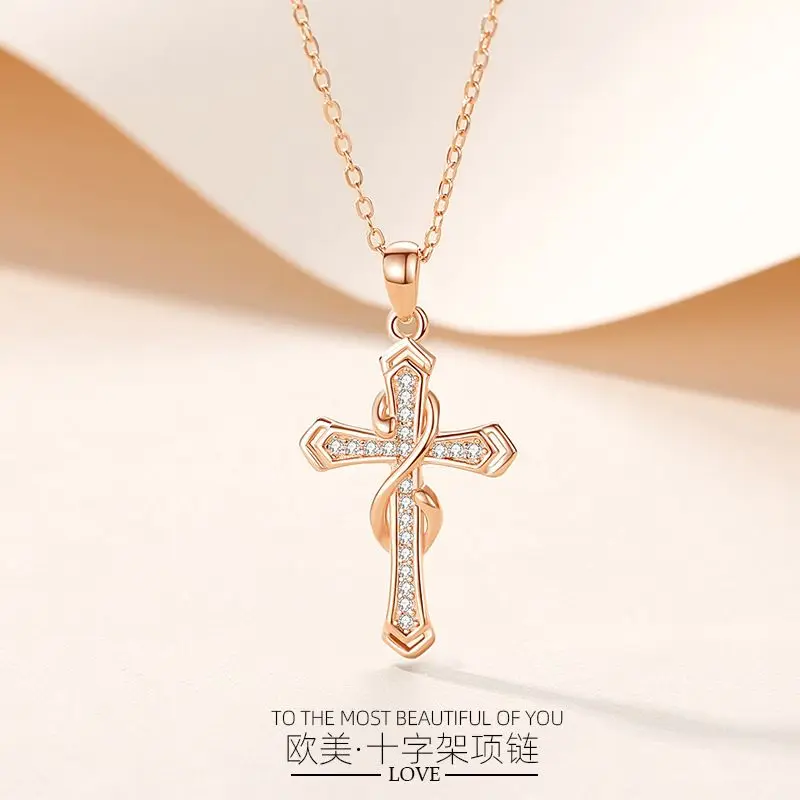 

Cross clavicle chain s925 sterling silver necklace two-color 8-character love micro-embedded pendant young fashion jewelry