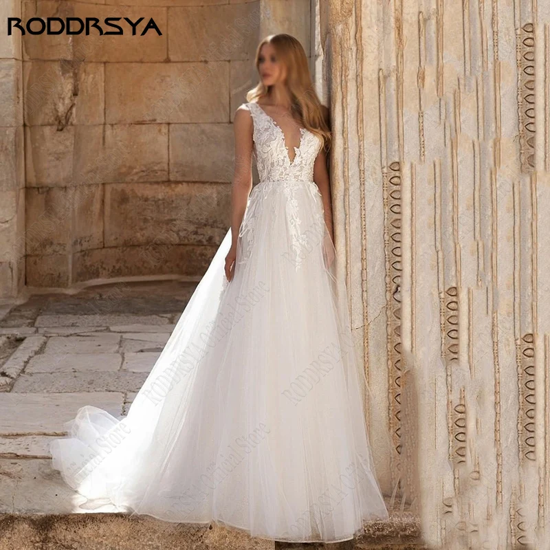 

RODDRSYA Princess Appliques Straps Wedding Dresses A Line Tulle vestidos de novia playa Strapless Bridal Gowns Custom Made