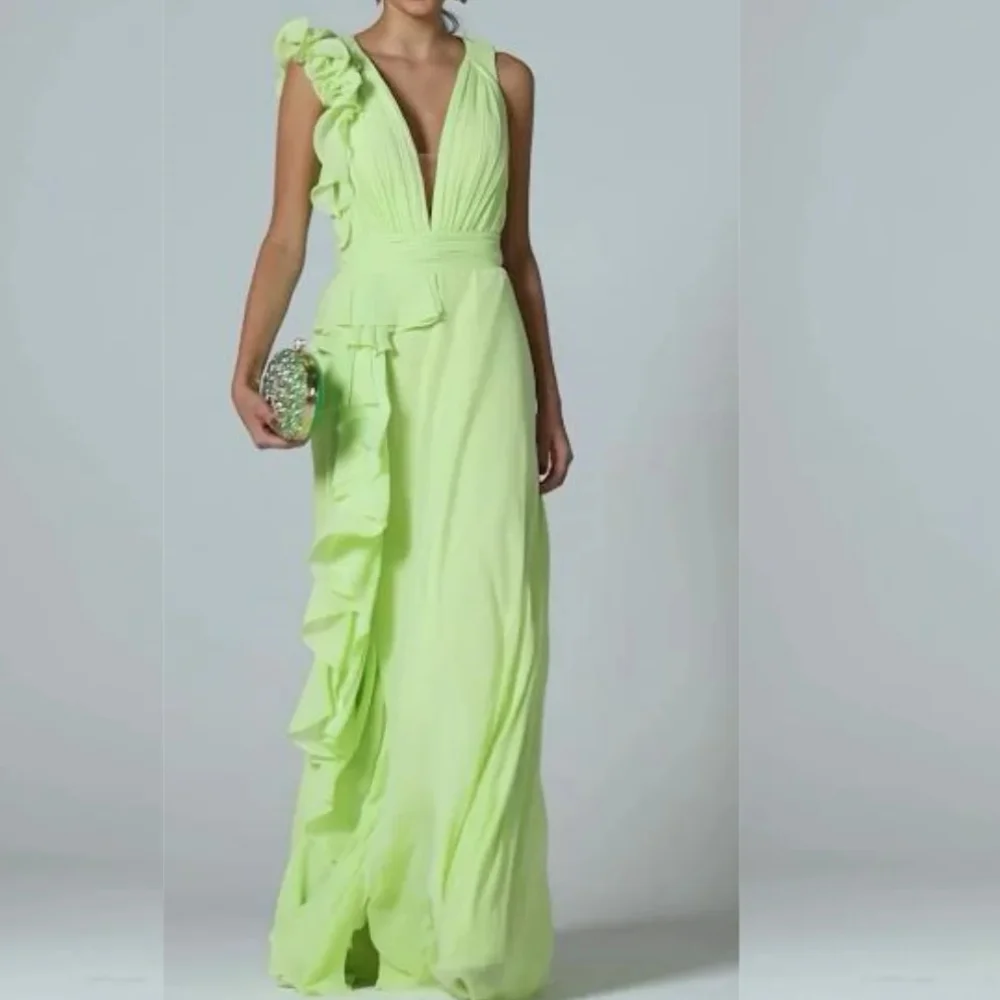 Женское шифоновое вечернее платье классическое длинное зеленое до пола без