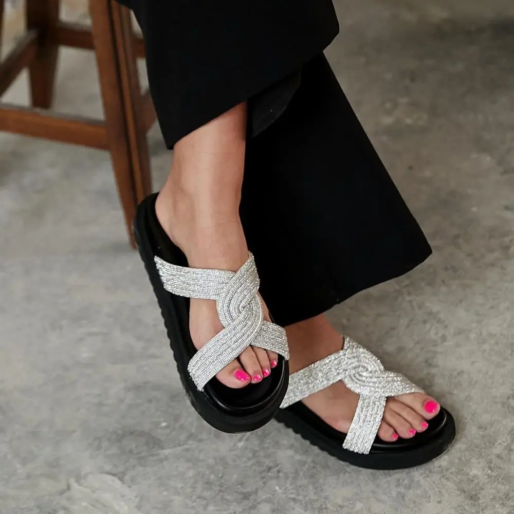 Rilla Interior Quality Artificial Leather Exterior Stony Material Thick Flat Sole Slippers Black Green White Stylish Summer Indo