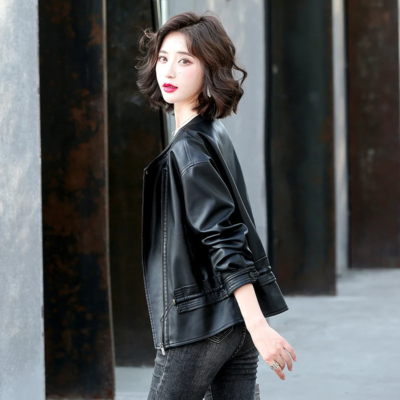 Women Faux Leather Jacket Biker Red White Coat Turndown Collar PU Motorcycle Jacket Uasual PU Loose Female Steet Oversize Coat