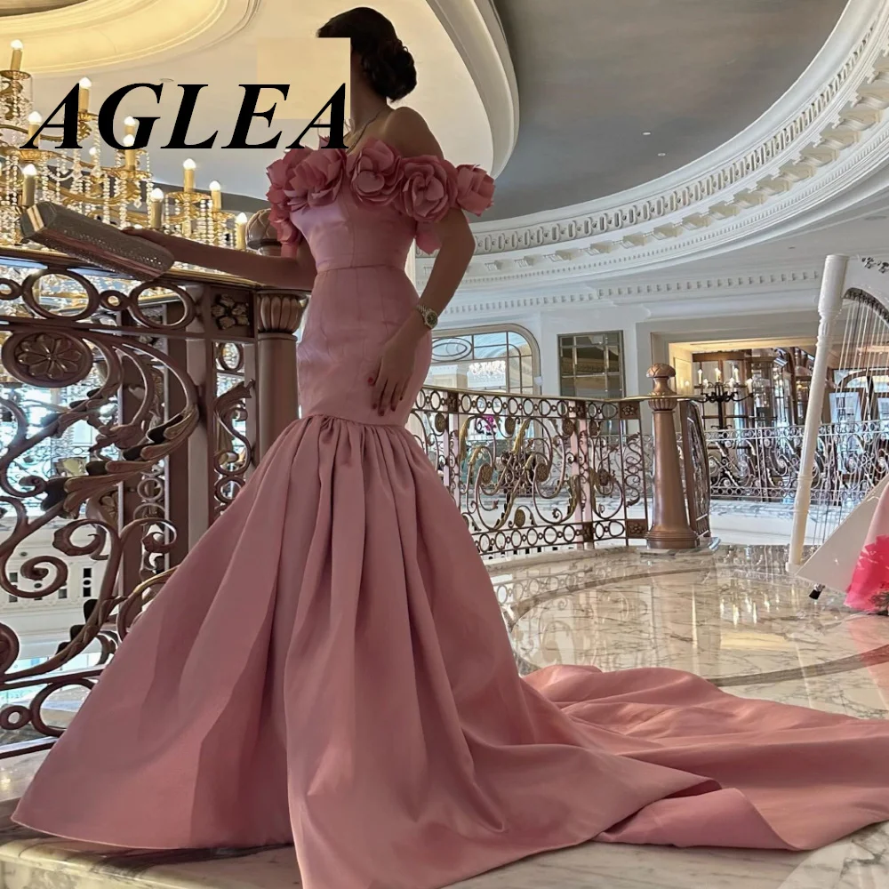 

AGLEA Sleeveless Pink Satin Mermiad Evening Dresses Formal Occasion Elegant Party Flowers for Women Strapless Empire Sheath