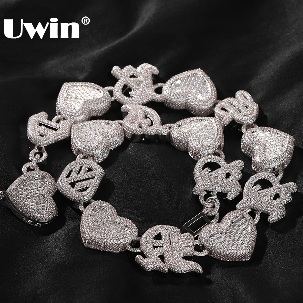 UWIN Custom Baguettecz Heart Cuban Necklace For Men Iced Out Cubic Zirconia Vintage Letters Cuban Chain Rapper Hip Hop Jewelry