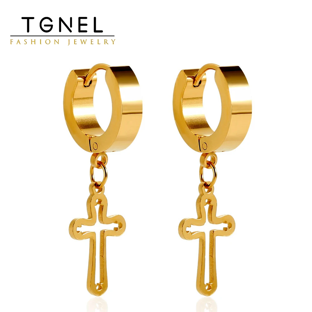 

Stainless Steel Hoop Earrings For Men And Women Gold Color Curved Cross Hanging Accessories Arc Electroplating Ear Buckles