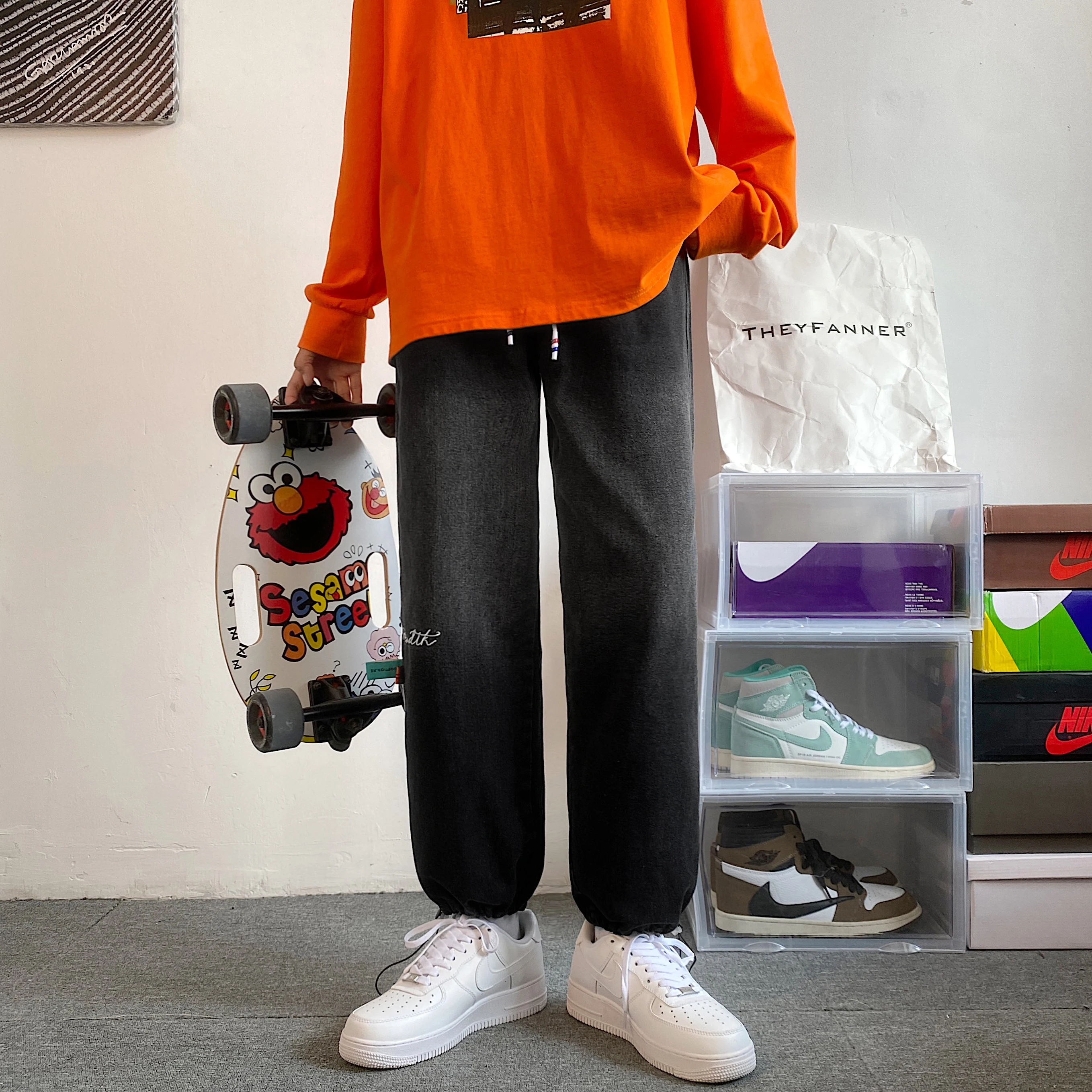 2023 Spring Autumn Black Jeans Fashion Design Casual Ankle Banded Pants Loose Straight Men's Clothing