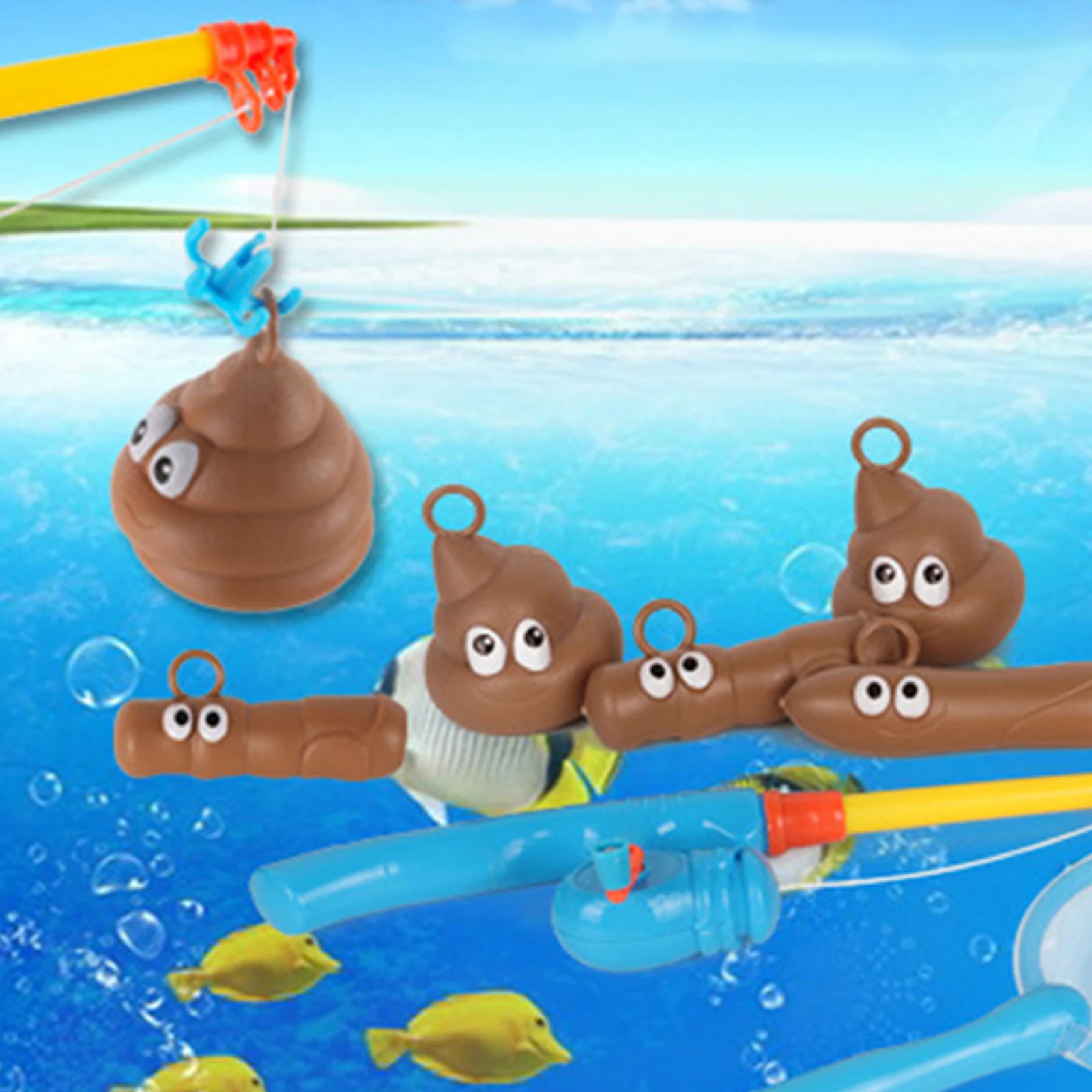 Набор рыболовных игрушек для детской ванны: Удочка сетка и 6 стульчиков -