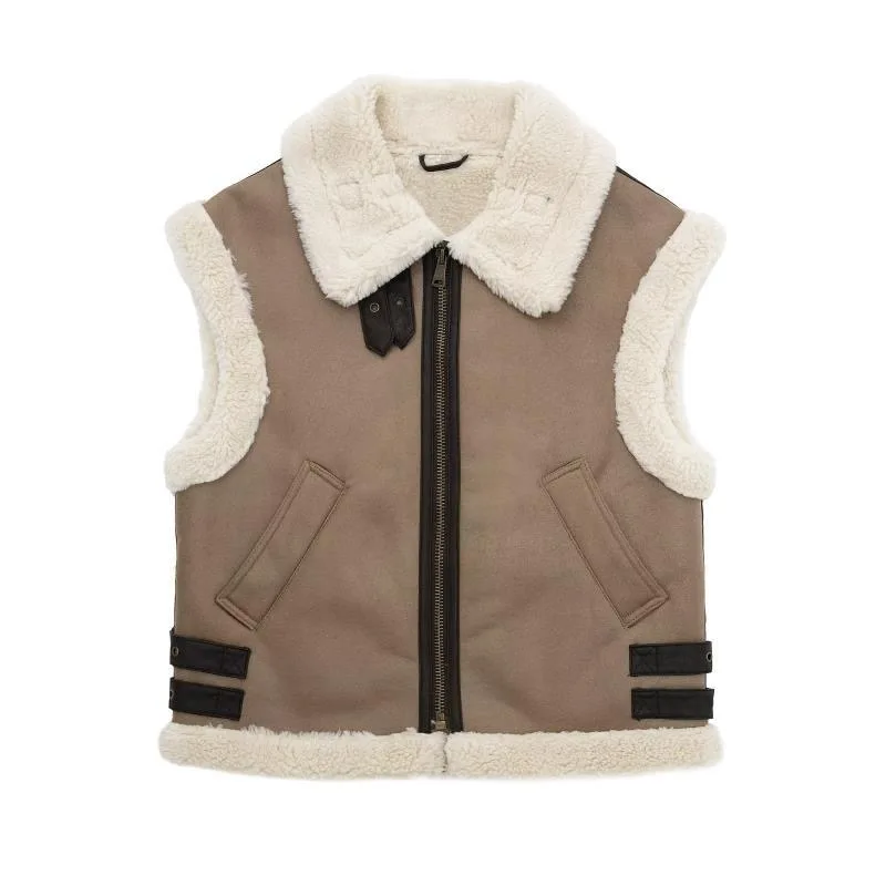 2022 Autumn Winter New Women's Faux Leather Jacket Vest Street Fashion Patchwork Waistcoat Thicken Lapel Coat Commuter Outwear