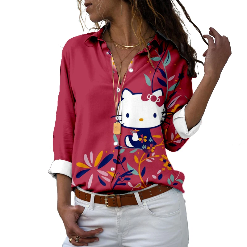 

White Women's Shirts Fall New Loose Casual Shirts V-Neck Long-Sleeve Shirts Women's Cute Hello Kitty Shirts