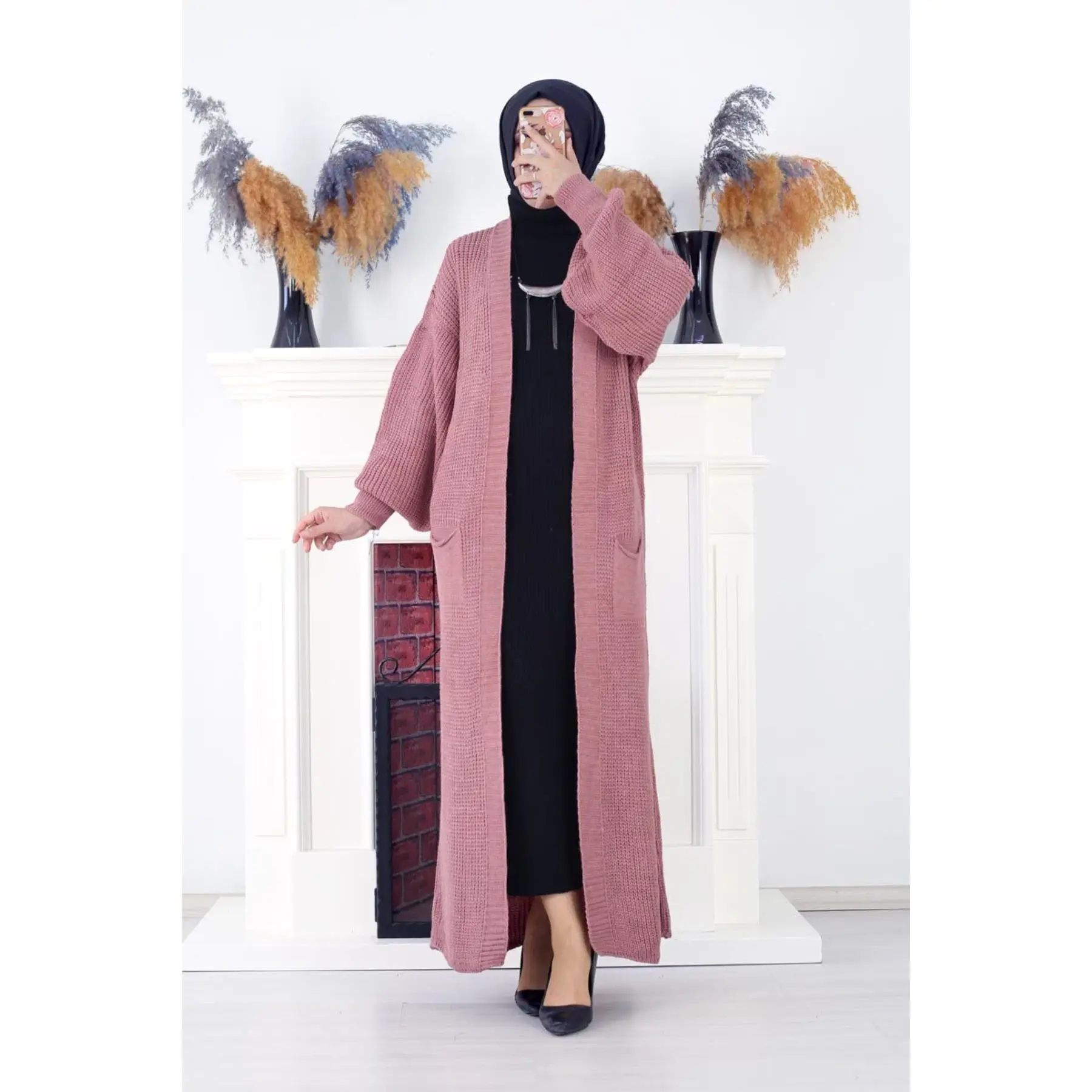

Women's Two Piece Maxi Turtleneck Dress and Lantern Sleeved Cardigan Set Heavy Knitwear Winter Set Muslim Fashion Islam 2022