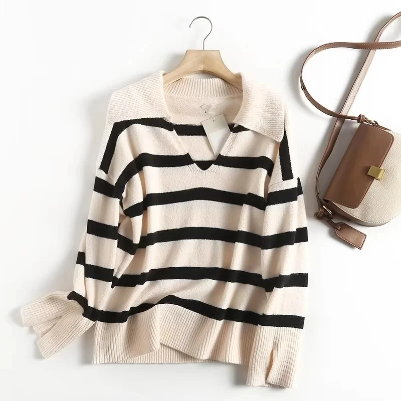 

Jenny&Dave England Style Fashion Polo Collar Striped Loose Sweaters Women Casual Pullovers Tops