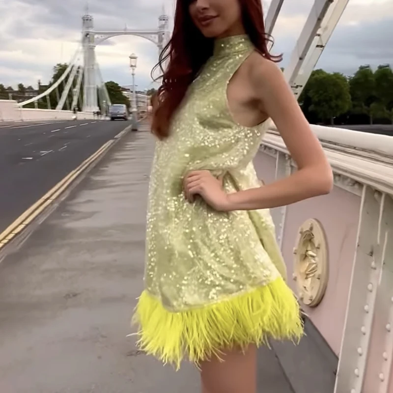 

Elegant Strapless A Dress Sexy Sleeveless Halter Neck Split Midi Feather Dresses Ladies Fashion Evening Party Club Dress