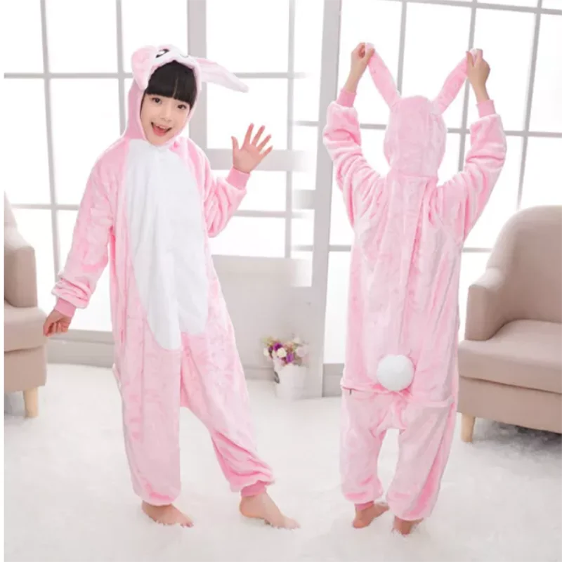 Family Kigurumi Pajamas Pink Rabbit Animal Onesie Cosplay Costume Pajamas For Kids and Adults With Slippers