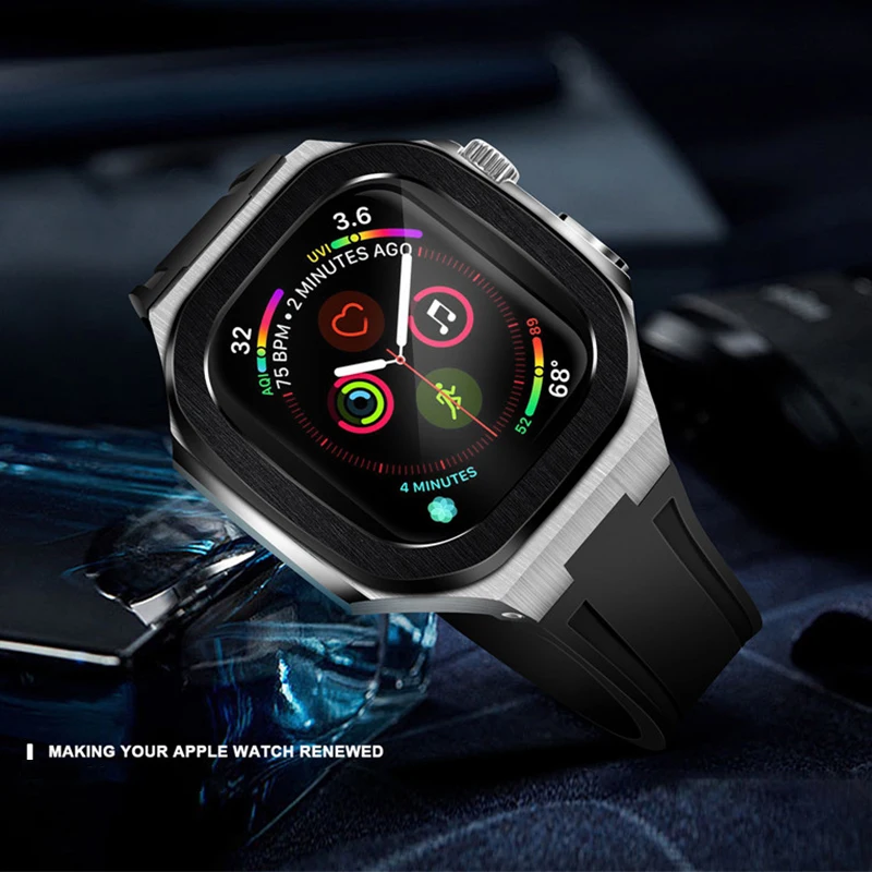 

Модифицированный комплект, металлическая рамка для Apple Watch, чехол для ремешка 7 6 5 4 SE 44 мм 45 мм, силиконовый ремешок, рама из нержавеющей стали ...