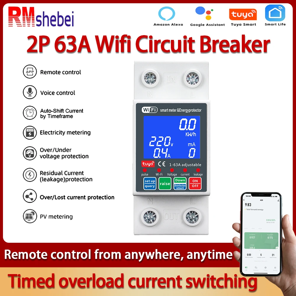 RMshebei 2P TUYA APP WIFI Smart Energy Power Overload kWh Meter Автоматический выключатель Реле времени Защита от утечки напряжения 63A