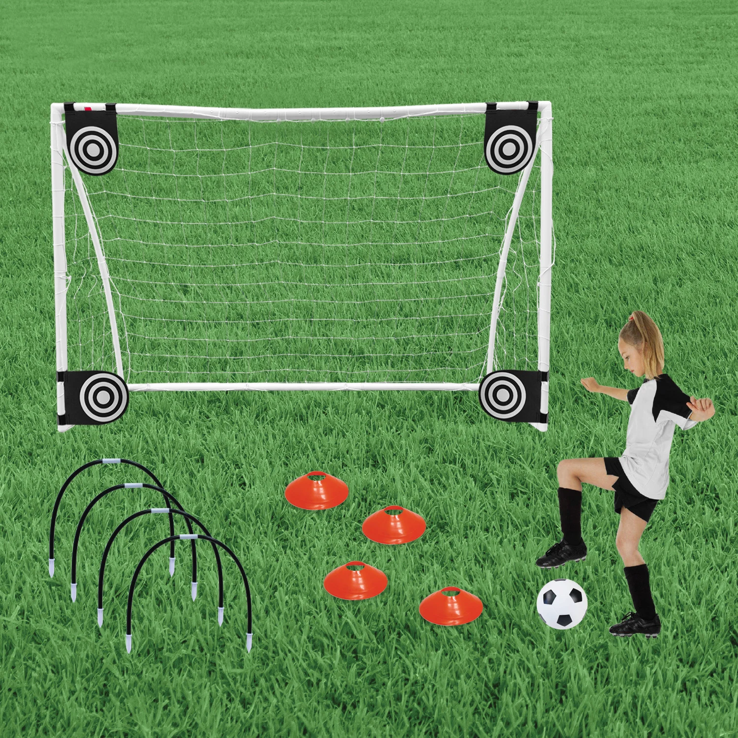 Soccer Goal Combo Set - 1 6ft Soccer Net, 1 Junior Soccer Ball, 4 Targets, 4 Cones, 4 Arches & Pump, Instant Soccer Game