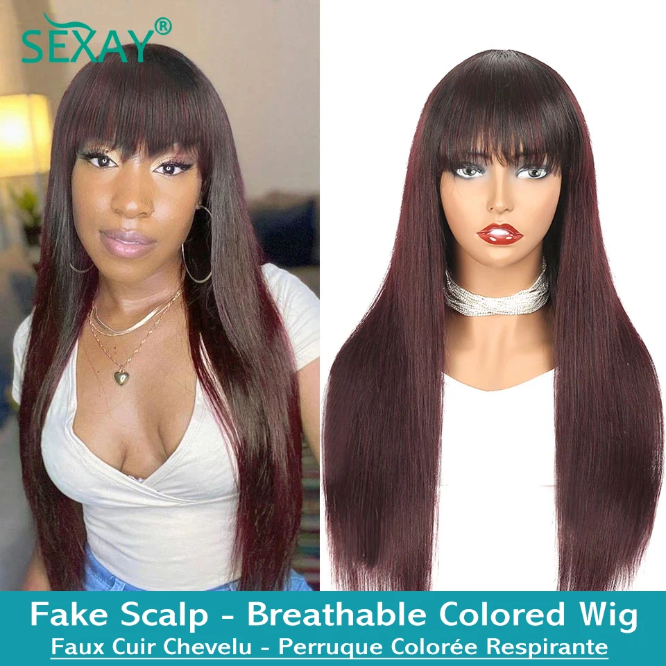 

Sexay Ombre 99J Fake Scalp Wigs With Bang 10-28 Inch Brazilian Bone Straight Human Hair Wigs With Bangs Burgundy Fake Fringe Wig